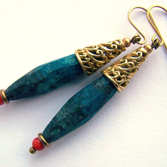 Large natural AZURITE earrings Long Gold Brass Faceted gemstone - Picture 5 of 7